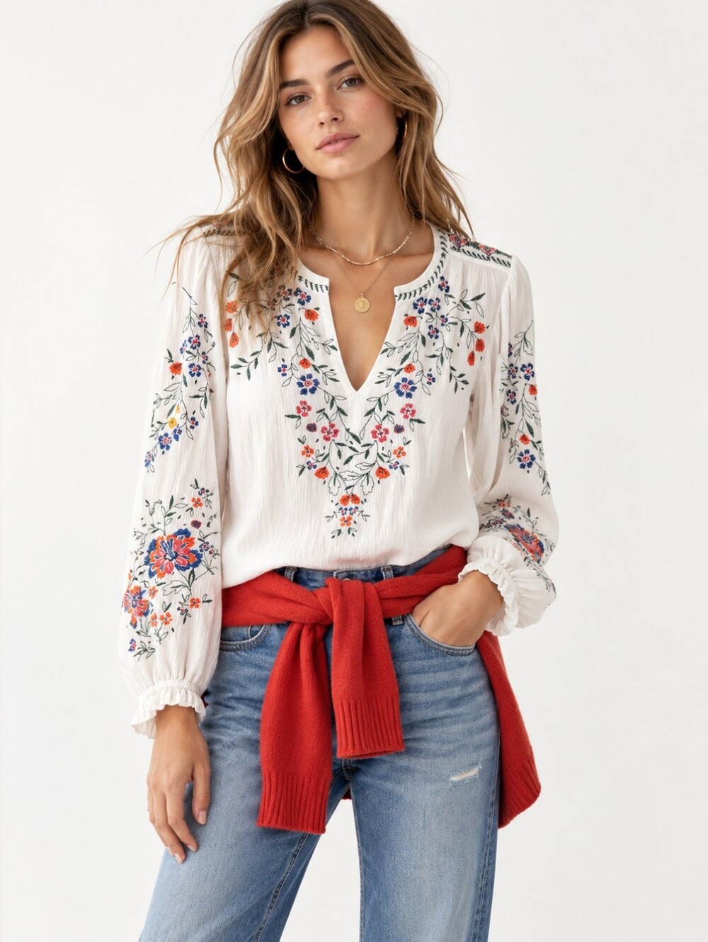 Hale Bob Peasant Embroidered Floral Long Sleeve Blouse